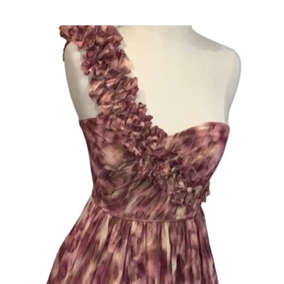 Maggy London One shoulder Ruffle  full pink print dress 2 - Picture 9 of 10
